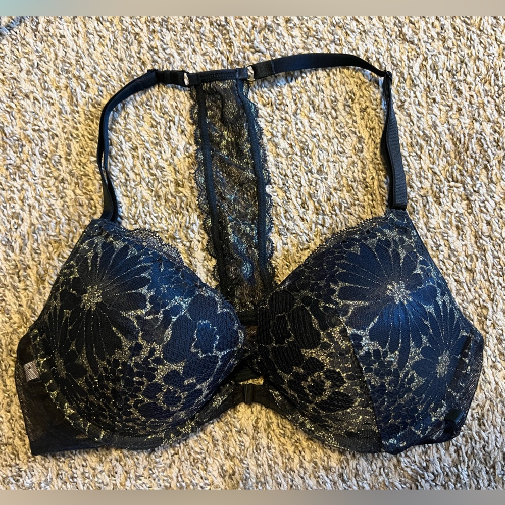 Victoria Secret racerback push-up bra with front clasp 36b black and gold